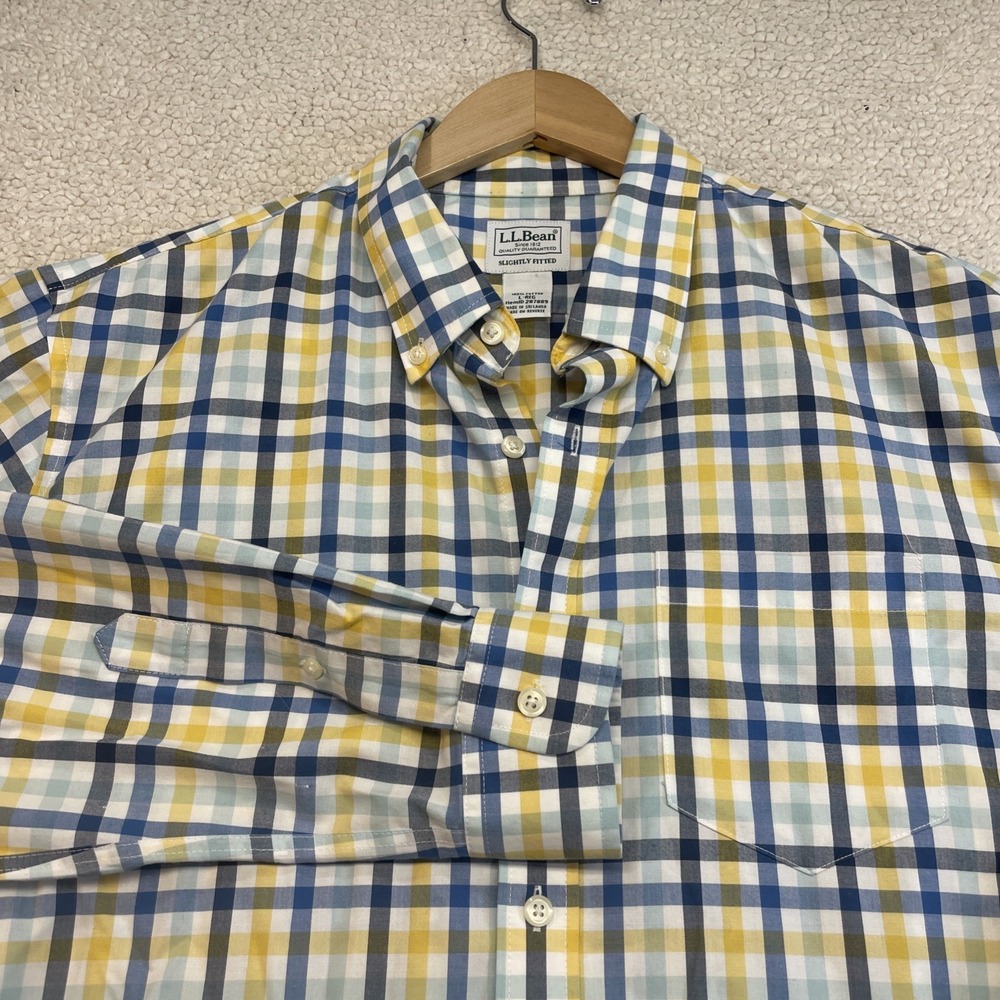 LL Bean Button Down Mens L Yellow Blue Plaid Slightly Fitted Long Sleeve Shirt
